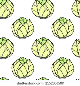 Vector seamless pattern with hand drawn white cabbage heads made in graphic style. Ink drawing. Perfect for healthy food or farm markets prints and patterns