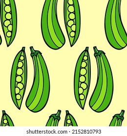 Vector seamless pattern with hand drawn green pea pods and zucchini made in graphic style. Ink drawing. Perfect for healthy food or farm markets prints and patterns