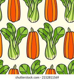 Vector seamless pattern with hand drawn ripe winter squash and green bok choy salad. Ink drawing, graphic style. Perfect for healthy food or farm markets prints and patterns