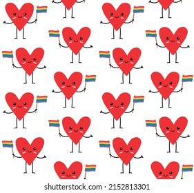 Vector seamless pattern of hand drawn flat heart with face and lgbtq rainbow flag isolated on white background