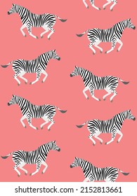 Vector seamless pattern of hand drawn flat running zebra isolated on pink background