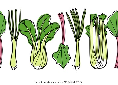 Vector seamless pattern with hand drawn ripe stalks of celery, rhubarb, spring onions and bok choy made in graphic style. Ink drawing. Perfect for healthy food or farm markets prints and patterns
