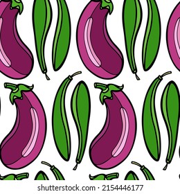 Vector seamless pattern with hand drawn green bean pods and purple eggplants made in graphic style. Ink drawing. Perfect for healthy food or farm markets prints and patterns