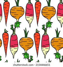 Vector seamless pattern with hand drawn ripe beets, turnips and carrots made in graphic style. Ink drawing. Perfect for healthy food or farm markets prints and patterns