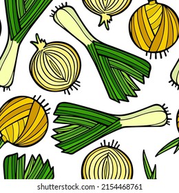 Vector seamless pattern with hand drawn yellow onion bulbs and leek stalks. Ink drawing, graphic style. Perfect for healthy food or farm markets prints and patterns
