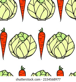 Vector seamless pattern with hand drawn white cabbage heads and juicy carrots made in graphic style. Ink drawing. Perfect for healthy food or farm markets prints and patterns