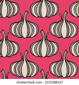 Vector seamless pattern with hand drawn garlic heads made in graphic style. Ink drawing. Perfect for healthy food or farm markets prints and patterns