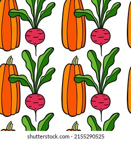Vector seamless pattern with hand drawn orange winter squash and red beet with leaves. Ink drawing, graphic style. Perfect for healthy food or farm markets prints and patterns