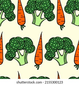 Vector seamless pattern with hand drawn green broccoli florets and juicy carrots made in graphic style. Ink drawing. Perfect for healthy food or farm markets prints and patterns