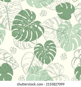 Vector seamless pattern of hand drawn tropical leaves. Jungle line monstera leaves. Nature floral background for wrapping paper, print, fabric, web, wallpaper. Summer botanical banner. Foliage texture