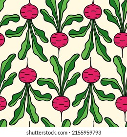 Vector seamless pattern with hand drawn beet with leaves made in graphic way. Ink drawing. Beautiful healthy food or farm markets design elements, perfect for prints and patterns