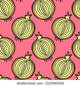 Vector seamless pattern with hand drawn common onion bulbs. Ink drawing, graphic style. Perfect for healthy food or farm markets prints and patterns