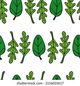 Vector seamless pattern with hand drawn green leaves of arugula and spinach. Ink drawing, graphic style. Beautiful healthy or vegetarian food design elements. Perfect for prints and patterns