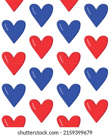 Vector seamless pattern of hand drawn flat American USA flag hearts isolated on white background