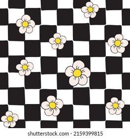 Vector seamless pattern of hand drawn sketch doodle checkered chessboard texture with flowers isolated on white background