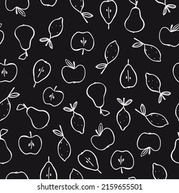 Vector seamless pattern with hand drawn fruits in doodle style. For feast invitation, fabric, kitchen textile, towel print, wrapping paper, cover of cooking book, packaging design, template labels.