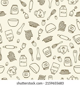 Vector Seamless Pattern With Hand Drawn Food And Kitchen Items In Doodle Style. For Feast Invitation, Fabric, Kitchen Textile, Towel Print, Cover Of Cooking Book, Packaging Design, Template Labels.