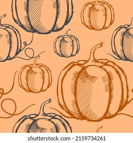 Vector seamless pattern with hand drawn pumpkins on bright orange background. Contour decorative composition for Halloween or Thanksgiving Day celebration. Loose hatching. Element for holiday design.