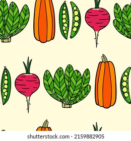 Vector seamless pattern with hand drawn ripe vegetables made in graphic style. Ink drawing. Perfect for healthy food or farm markets prints and patterns