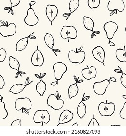 Vector seamless pattern with hand drawn fruits in doodle style. For feast invitation, fabric, kitchen textile, towel print, wrapping paper, cover of cooking book, packaging design, template labels.
