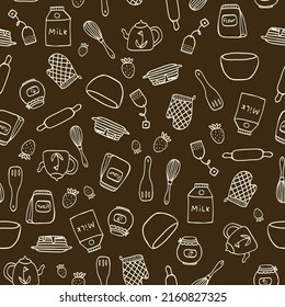 Vector seamless pattern with hand drawn food and kitchen items in doodle style. For feast invitation, fabric, kitchen textile, towel print, cover of cooking book, packaging design, template labels.