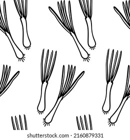 Vektornahtloses Muster mit handgezeichneten Frühlingszwiebeln. Tintenzeichnung, Grafikstil. Perfekt für gesunde Ernährung oder Märkte