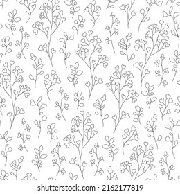 Vector seamless pattern with hand drawn wild flowers. Seamless linear texture with decorative leaves. Template for design of textiles, background, packaging, wrapping paper