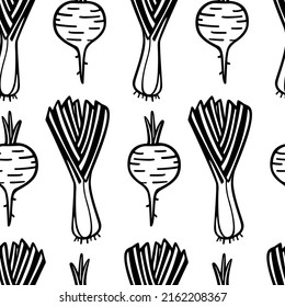 Vector seamless pattern with hand drawn turnips and spring onions made in graphic style. Ink drawing, heavy contour. Perfect for healthy food or farm markets prints and patterns