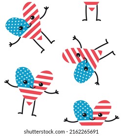 Vector seamless pattern of hand drawn flat American USA flag heart with face isolated on white background