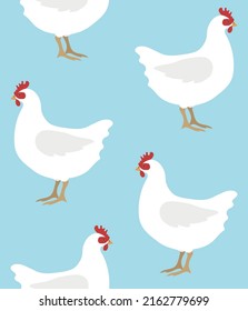Vector seamless pattern of hand drawn flat chicken hen isolated on blue background