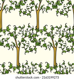 Vector seamless pattern with hand drawn graceful tree with rich leafy branches. Ink drawing, decorated style. Beautiful gardening or floral design elements. Perfect for prints and patterns
