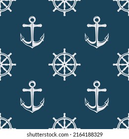 Vector Seamless Pattern with Hand drawn Anchor and Ship Helm, Wheel. Design Template for Textile, Apparel, Wallpapers. White Anchors and Helms, Wheels on Blue. Antique Vintage Marine Pattern