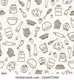 Vector seamless pattern with hand drawn food and kitchen items in doodle style. For feast invitation, fabric, kitchen textile, towel print, cover of cooking book, packaging design, template labels.