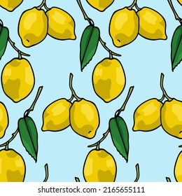 Vector seamless pattern with hand drawn lemon tree branches with ripe juicy fruits. Beautiful ink drawing, vibrant colors. Wonderful food design elements, perfect for prints and patterns