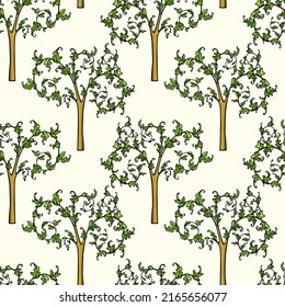 Vector seamless pattern with hand drawn graceful tree with rich leafy branches. Ink drawing, decorated style. Beautiful gardening or floral design elements. Perfect for prints and patterns