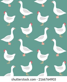 Vector seamless pattern of hand drawn flat chicken and goose isolated on green background