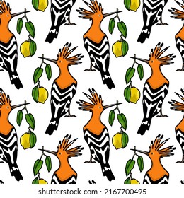 Vector seamless pattern with hand drawn sweet Hoopoes with graceful lemon branches in beaks. Ink drawing, graphic style. Beautiful animal design elements, perfect for prints and patterns