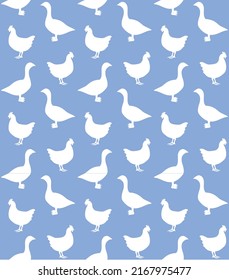 Vector seamless pattern of hand drawn flat chicken and goose silhouette isolated on blue background