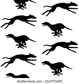 Vector seamless pattern of hand drawn running whippet dog silhouette isolated on white background