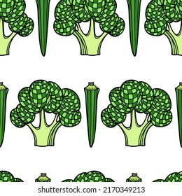 Vector seamless pattern with hand drawn broccoli florets and okra pods made in graphic style. Ink drawing. Perfect for healthy food or farm markets prints and patterns