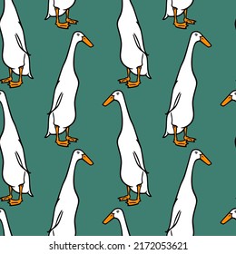 Vector seamless pattern with hand drawn cute Indian Runner ducks. Ink drawing, graphic style. Beautiful farm products or poultry design elements. Perfect for prints and patterns svg
