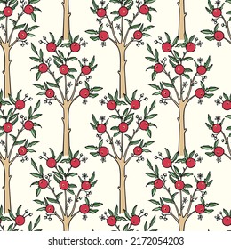 Vector seamless pattern with hand drawn graceful tree with heavy fruit branches. Ink drawing, decorated style. Beautiful gardening or floral design elements. Perfect for prints and patterns