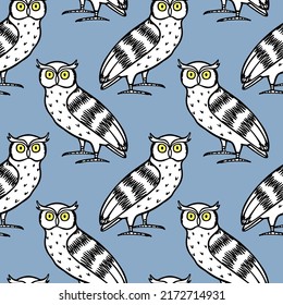 Vector seamless pattern with hand drawn funny Eagle Owls. Ink drawing, decorative graphic style. Beautiful animal design elements, perfect for prints and patterns