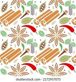 Vector seamless pattern with hand drawn spices. Beautiful food vector design elements.