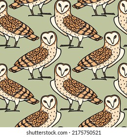 Vector seamless pattern with hand drawn sweet Barn Owls. Ink drawing, decorative graphic style. Beautiful animal design elements, perfect for prints and patterns