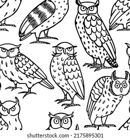 Vector seamless pattern with hand drawn funny Eagle Owls. Ink drawing, decorative graphic style. Beautiful animal design elements, perfect for prints and patterns