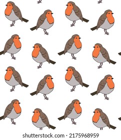 Vector seamless pattern of hand drawn doodle sketch colored robin redbreast bird isolated on white background