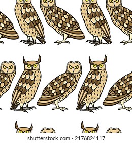 Vector seamless pattern with hand drawn funny Eagle Owls and Short-Eared Owls. Ink drawing, decorative graphic style. Beautiful animal design elements, perfect for prints and patterns