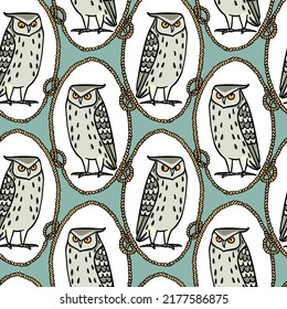 Vector seamless pattern with hand drawn funny Eagle Owls in nautical rope frames. Ink drawing, decorative graphic style. Beautiful animal design elements, perfect for prints and patterns