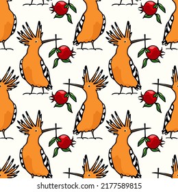 Vector seamless pattern with hand drawn sweet Hoopoes with ripe red fruit. Ink drawing, graphic style. Beautiful animal design elements, perfect for prints and patterns